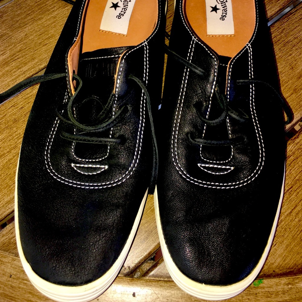 Black converse shoes size 11.5US leather with there laces circa 2011